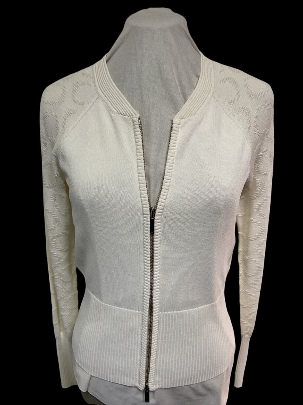 Karen Millen Ivory Textured Full-Zip Cardigan Sweater Size 2 Ribbed Hem & Sleeve